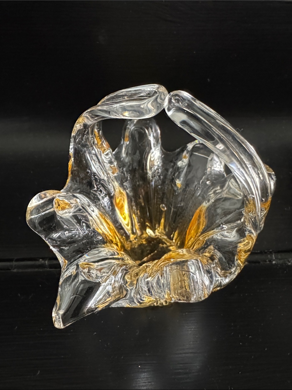 Clear Glass Art Bowl with Amber Highlights - Decorative Home Art